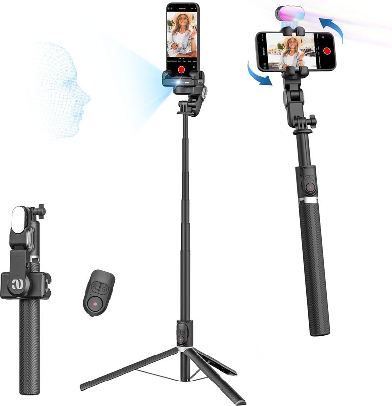 AOCHUAN حامل ثلاثي القوائم بتعقب الوجه التلقائي دوران 360 مع ضوء RGB، جيمبال أحادي المحور للهاتف لجهاز iPhone وAndroid مع جهاز تحكم عن بعد، حامل هاتف يتبعك لتسجيل الفيديو، مدونات TikTok (M2Pro أسود) - Image 1